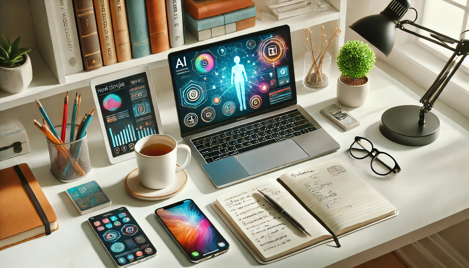 A clean and modern flat-lay 16x9 image of a workspace. The desk is organized with an open laptop displaying a vibrant AI interface, a notepad filled with handwritten notes, and a smartphone with an app open on productivity or personal growth. There are a few resourceful items like a coffee mug, a pair of reading glasses, and a small potted plant, symbolizing focus and clarity. The background is softly blurred, with a bookshelf featuring books on technology and self-improvement.