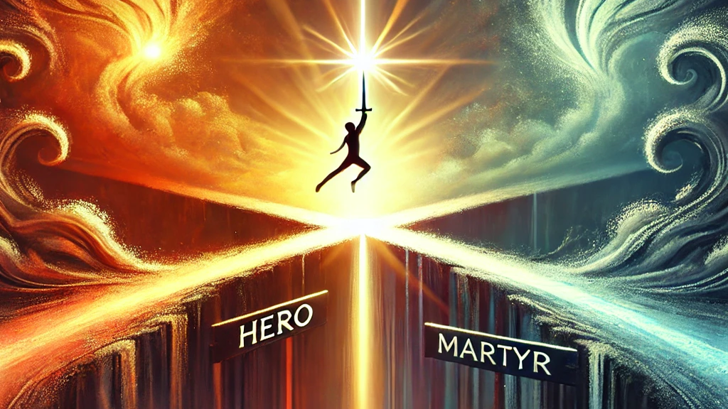 An abstract art piece showing a figure balancing on a sword, with light emanating from within.  A path splitting into two directions: one marked "Hero," the other "Martyr," with the figure standing at the intersection.