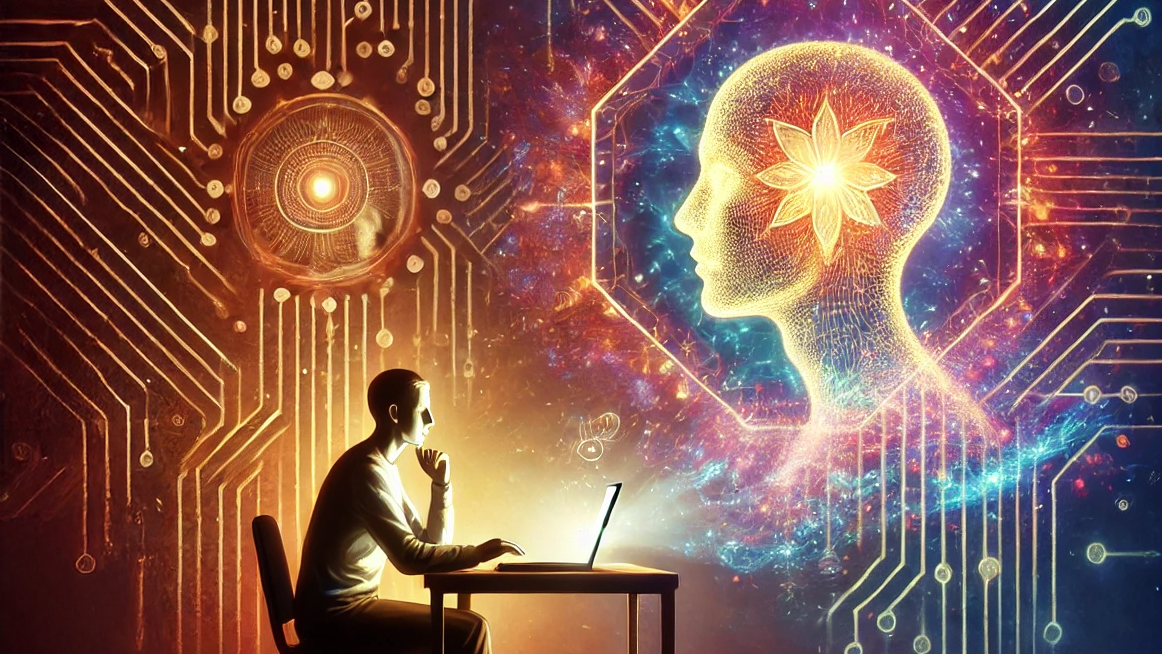 A stylized depiction of a person sitting at a desk, deeply engaged in a conversation with an abstract A.I. figure or a glowing laptop screen. A circuit board or neural network overlaid with human elements like hands or a face, symbolizing the fusion of human and A.I.