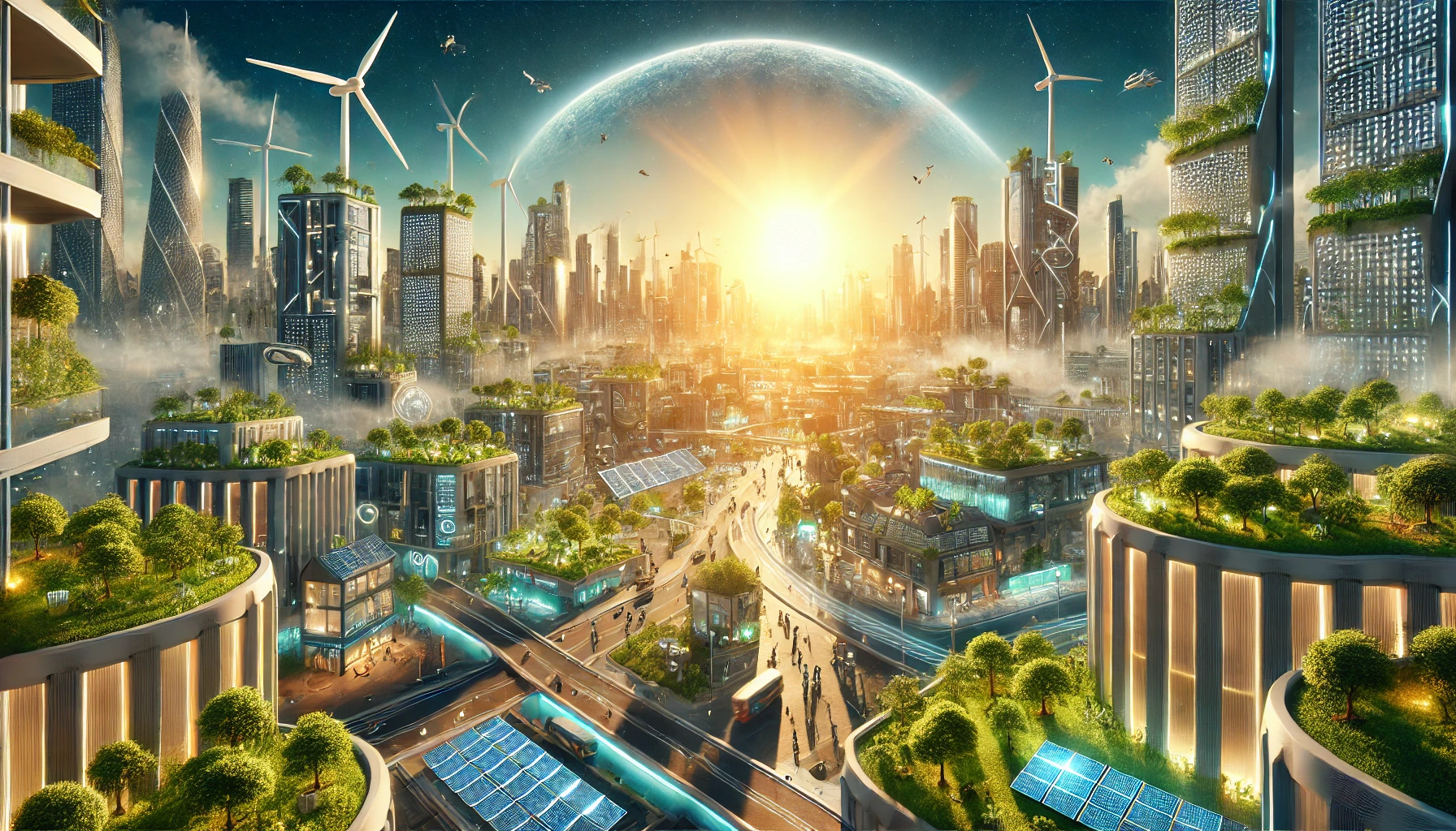 A striking 16x9 visual of a futuristic cityscape powered by sustainable energy sources like wind turbines, solar panels, and vertical gardens. The city is bustling with life, showcasing humans and robots working together harmoniously. Above the skyline, a radiant sun casts warm light, symbolizing hope and a balanced future. The composition emphasizes the integration of technology with nature.