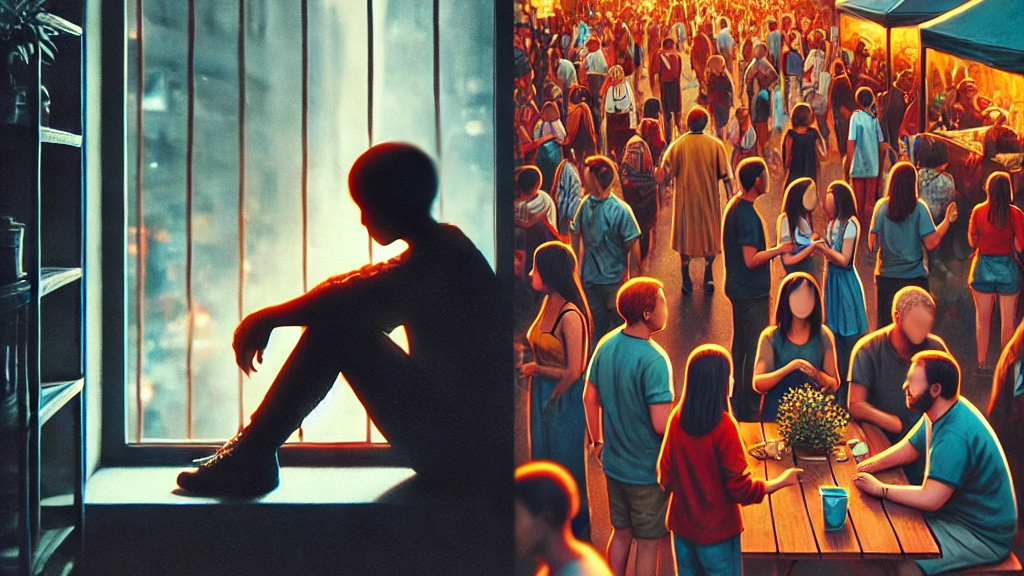 A split image: one half shows someone sitting alone in a crowded place, and the other half shows a vibrant community gathering. A visual representation of the “loneliness epidemic,” such as a silhouetted person gazing out a window.