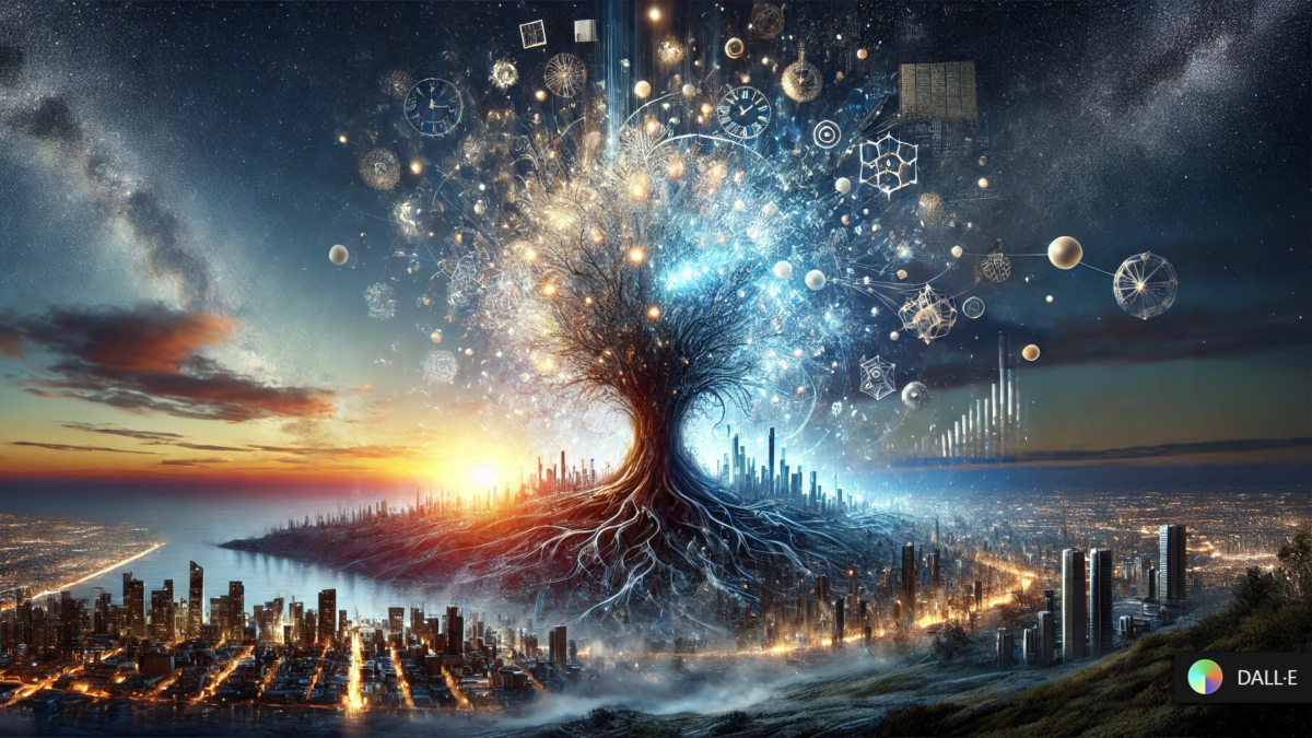 A surreal landscape at twilight, where the horizon blurs between a futuristic city and a vast natural expanse. In the foreground, a massive, glowing, abstract tree of light with roots extending into the earth and branches reaching into the sky, symbolizing interconnectedness. Floating around the tree are fragmented pieces of human-made objects (clocks, skyscrapers, books, currency) dissolving into particles of light. Above, a sky transitioning from deep indigo to a faint dawn, with subtle rays of light breaking through. The atmosphere is reflective, serene, and slightly melancholic, evoking themes of self-awareness, transformation, and the tension between destruction and renewal.